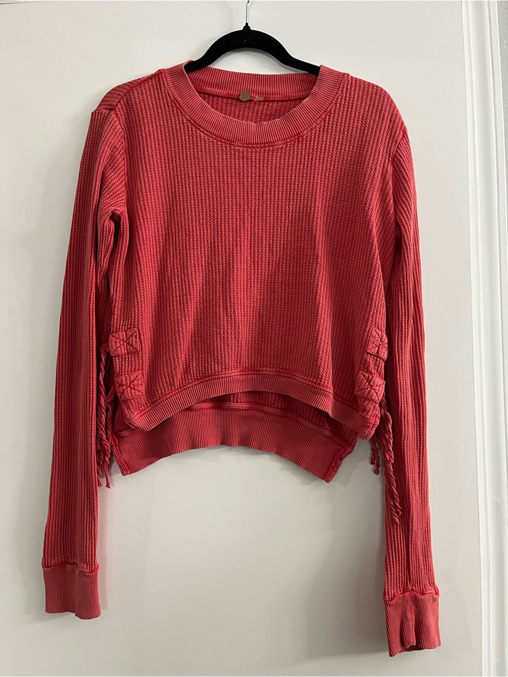 Free People FP One Waffle Knit Crop Top, Sz M, Coral Pink with Side Fringe Ties
